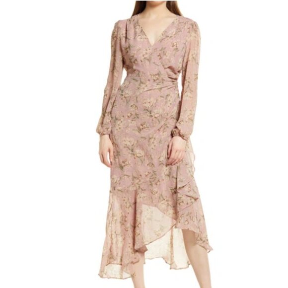 NWT FLORET STUDIOS Floral Surplice Long Sleeve Vintage Midi Dress in Medium - Picture 1 of 15